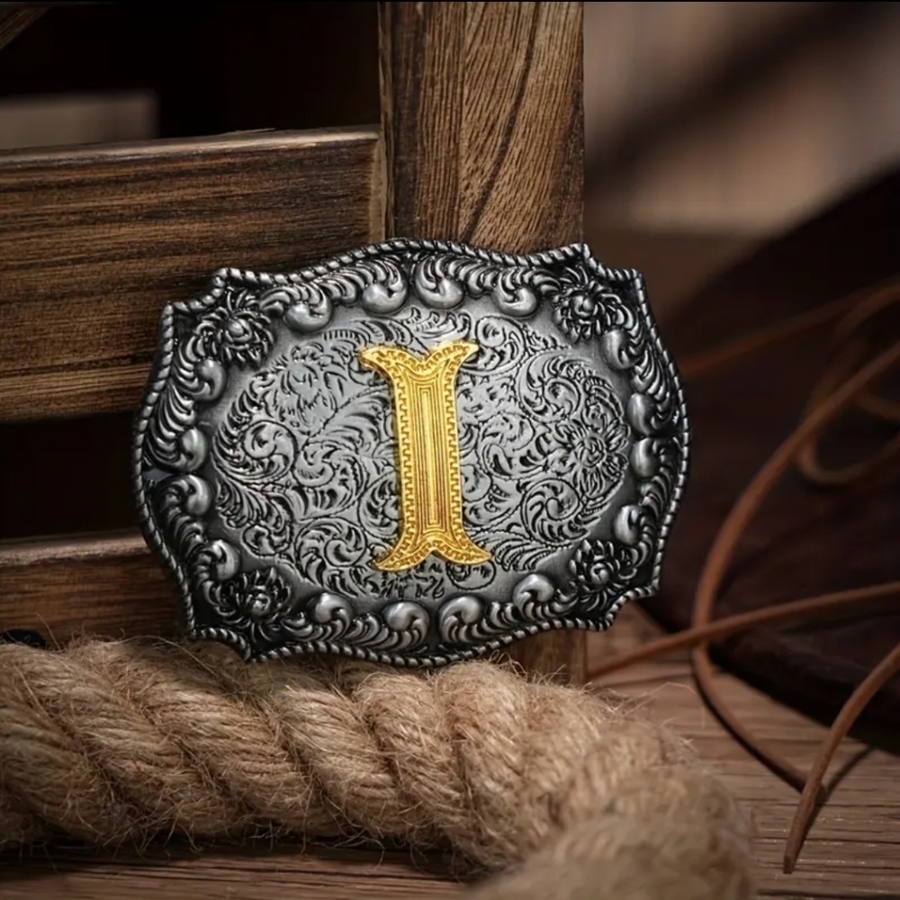 New western cowboy letter i initials monogram belt buckle